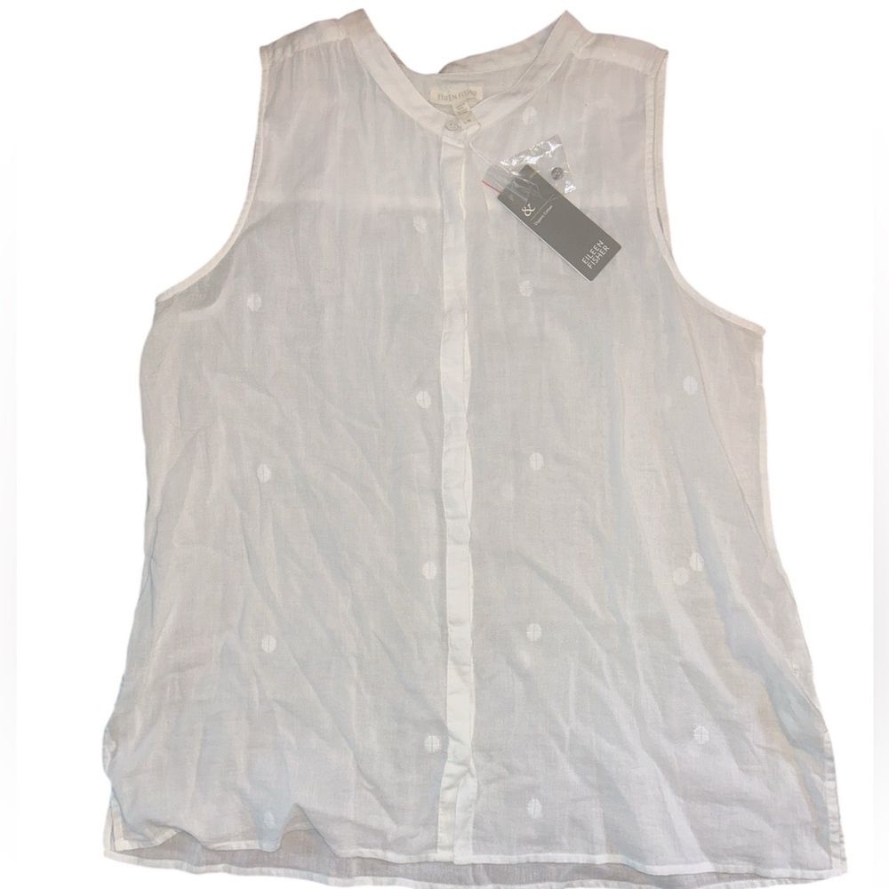 Eileen Fisher White Sleeveless Button Down Blouse with Notched Collar